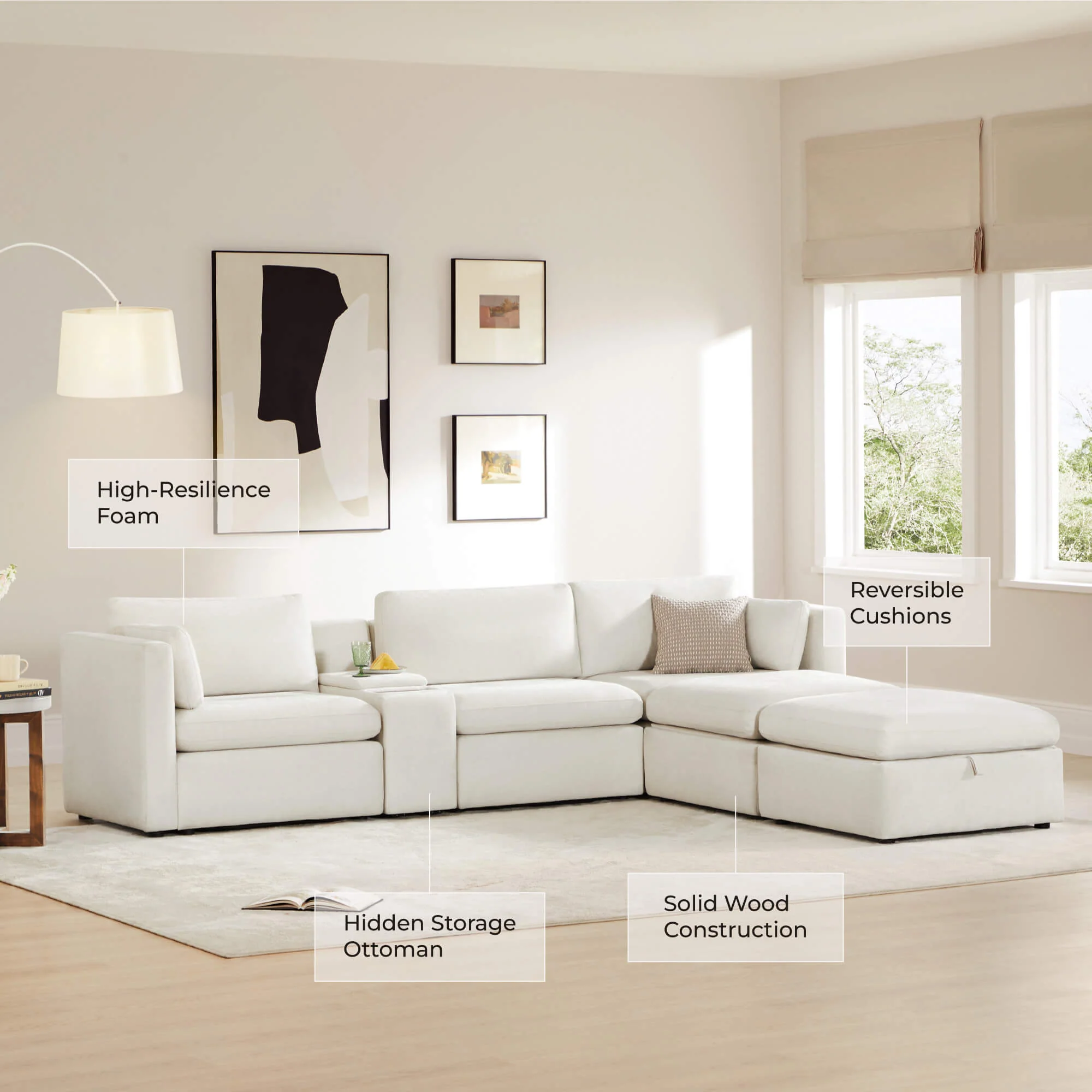 Delaney 5-Seat Modular Sofa Chaise with Storage Ottomans - Image 108